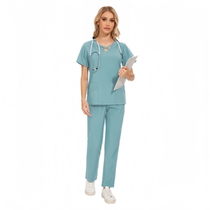 Commercio all'ingrosso della fabbrica Unisex morbido elastico tessuto dentale ospedale medico Scrub uniformi set Top + pantaloni dritti Scrub uniforme - Product Image 6