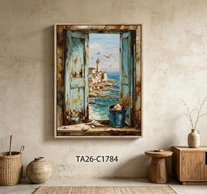 Tableau mural vue sur fenêtre de la côte, impression sur toile de ville balnéaire méditerranéenne vintage, volets bleus rustiques - Product Image 1