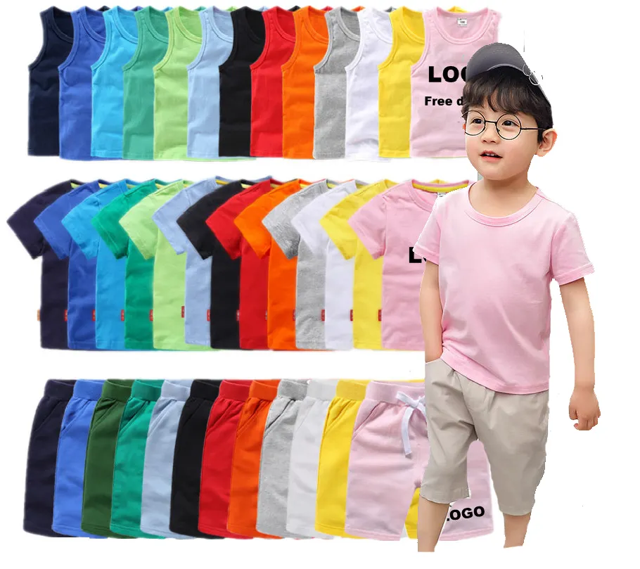 01 Summer Solid Color Cotton Shorts T Shirt Kids Apparel Custom Logo Baby Boys Clothing Sets 2 To 12 Years Old Clothes Sets