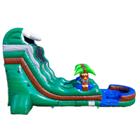 Toboggan aquatique gonflable Jungle Tropicale Palmier avec toit ondulé texture bois vert pour location de fête estivale