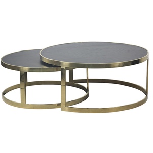 Mesa auxiliar europea redonda de madera Blackbone con respaldo y detalles dorados, juego de 2 mesas con mesa de centro a juego - Product Image 1