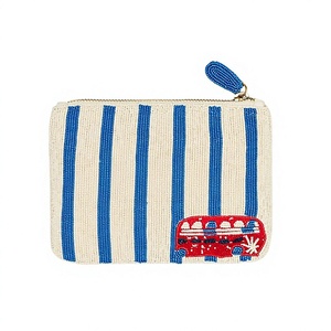 Handmade Beaded Zipper Pouch Coin <b>Purse</b> Wallet Blue White Striped <b>Red</b> Cartoon Bus Pattern Makeup Bag - Product Image 1