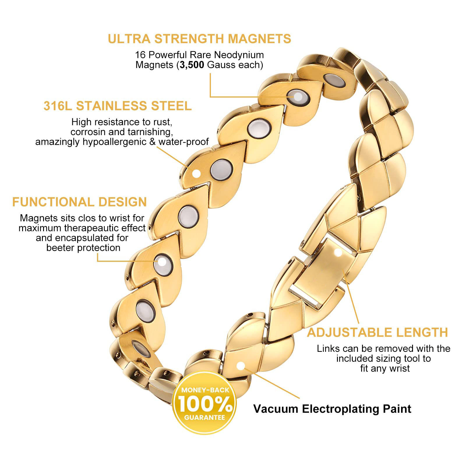 großhandel magnettherapie-armband 24k gold titan stahl gelenke heilung  armband mode schmuck magnet-armband für damen