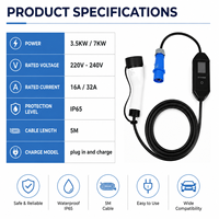 Nouveau chargeur EV portable 7KW 32A Type 2 Niveau 2, courant réglable, IP65, écran LCD 2,8 pouces, prise CEE, chargeur rapide pour voiture mobile