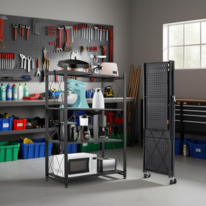 ชั้นวางของโลหะ 5 ชั้น พับได้ พร้อมล้อ สำหรับห้องครัว โรงรถ ไม่ต้องประกอบ ชั้นวางจัดระเบียบ - Product Image 2