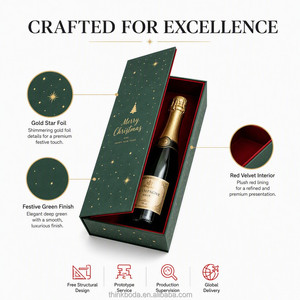Boîte cadeau personnalisée pour <span class=keywords><strong>champagne</strong></span>, 1 bouteille, feuille d'or, sapin de Noël, doublure en velours rouge, boîte en carton de luxe pour les fêtes, vente en gros - Product Image 2