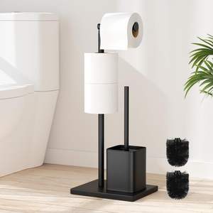 Soporte de papel higiénico con soporte para escobilla de baño Soporte de papel higiénico de pie Cepillos de limpieza negros de acero inoxidable Easy Caddy - Product Image 1