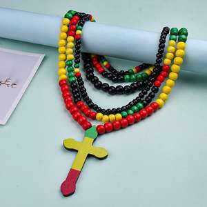 विंटेज नई लकड़ी के हेक्सागोन बीड जामानिकन हार मेलोन बकल सरल हरे लाल पीले रंग का क्रॉस 14k सोना प्लेटेड हिप हॉप एक्सेसरीज़ - Product Image 2