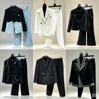 Ensemble de costume 2 pièces pour homme, coupe courte, de luxe, avec blazer orné de perles et de pompons et pantalon large, idéal pour mariage, fête, scène, grandes tailles, vente en gros