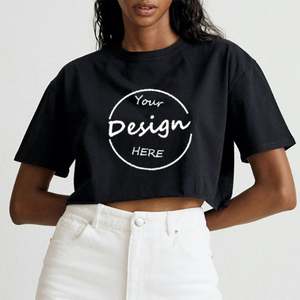 Camiseta negra de algodón de alta calidad personalizada, Camiseta deportiva de verano con cuello redondo liso, camiseta recortada con estampado de dobladillo crudo de gran tamaño para mujer - Product Image 5