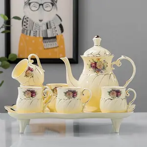 8 cái sang trọng người anh cốc cà phê Set với vàng TRIM, đẹp sứ Tea Pot với 6 ly & khay trà, cho phòng khách trang trí nội thất