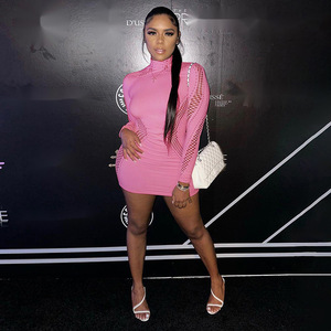 Women's Sexy Tight Fitting Clothing Solid Color Half High Necked Long Sleeved Hollowed Out Slim Fitting Dress Women's Clothing - Product Image 4