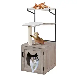 עץ חתול יוקרה מודרני מגדל חתול גדול טיפוס על מסגרת שטיח עץ חתול עץ עם מארז קופסת אשפה מוסתר עבור דירה מקורה