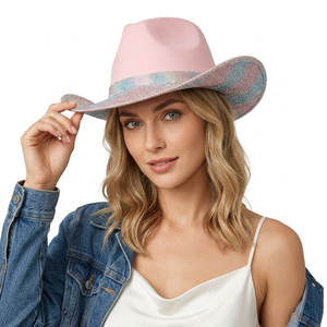 Sombrero de Vaquero Occidental de Lana HL Marrón con Punta de Diamantes de Imitación Brillantes Negros Unisex para Cuatro Estaciones, Boda, Carnaval, Fiesta - Product Image 2