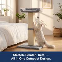 Griffoir pour chat avec lit en peluche, colonne large en sisal, base en peluche grise, jouet suspendu, design compact, OEM ODM, MOQ 100 pièces