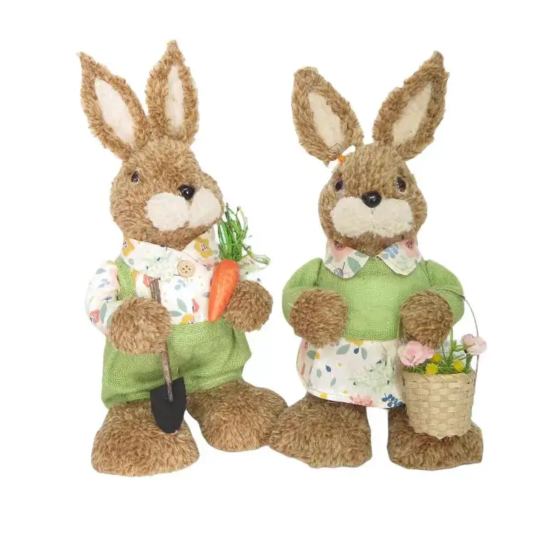 Peluche peluche a tema primaverile bambola di coniglio imbottita morbida in abito verde per decorazioni e regali di Pasqua