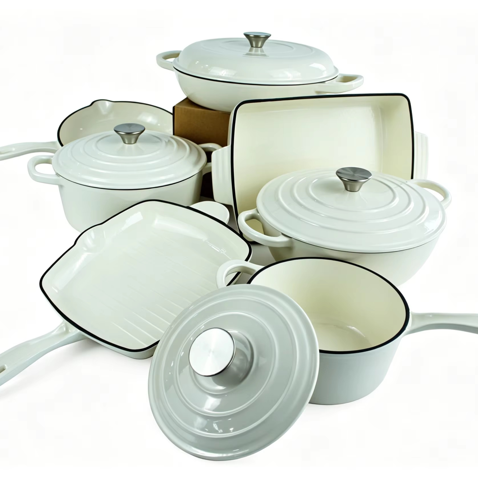 In Stock 7 Pieces White Enamel Cast Iron Cookware Set, Non Stick Pot Pan Combo, Heat Resistant & Oven Safe for Home Kitchen · image 1