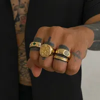 Grüner Legierungs-Crest-Ring-Set für Herren, Gold/Silberfarben, gravierte Bänder, Punk-Eheringe, Hip-Hop-Geschenk