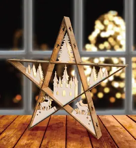 Newish3D電池式の素朴な木製スタークリスマスの家の装飾の子供たちは常夜灯を導きました