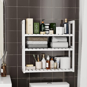 Adjustable 3-Tier <strong>Floating</strong> Bamboo Bathroom Organizer <strong>Shelves</strong> Black over Toilet <strong>Storage</strong> with Towel Hanging Rod for Kitchen Use - Product Image 4
