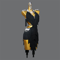 Robe de danse latine noire à franges avec taille découpée ornée de strass pour femmes, costume de compétition de danse de salon professionnel