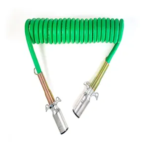 12ft 7 Way ABS Cord Coiled Electrical Power Cords Heavy Duty Green Coil Cable Power Wire for Semi Trucks Trailer Tractors