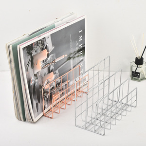 Three Compartment Metal Bookshelf Desktop <b>Organizer</b> Storage Rack For Books <b>Files</b> Office Desk Use Rose Gold Silver Color - Product Image 1