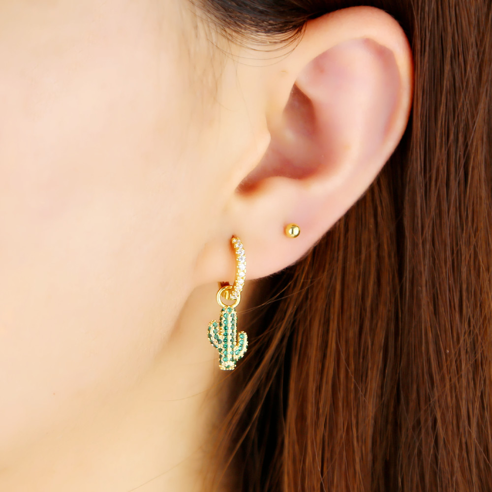 Emerald Cactus 14K Solid Gold Charm Stud Earrings pavé