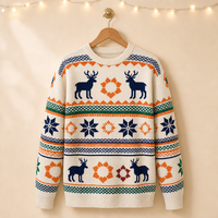 Pull personnalisé pour homme, motif Fair Isle de Noël, avec bandes intarsia rennes et flocons de neige, rayures colorées, tricoté, OEM ODM