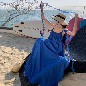Klein Blue Chiffon <b>Spaghetti</b> <b>Strap</b> Pencil Silhouette Maxi Dress Loose Backless Breathable Holiday Beach Vacation Women's Casual - Product Image 2