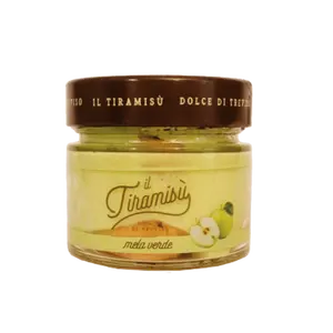 Tiramisu traditional dessert from Treviso green apple flavor made in Italy packaged in glass jar frozen product