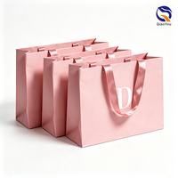 Nouveauté - Sac en papier rose de luxe avec poignée en ruban, finition mate, logo personnalisé imprimé, pour cadeaux cosmétiques