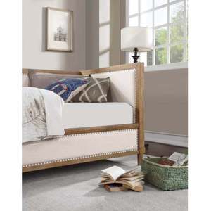Beige Velvet Upholstered <b>Foldable</b> 1pc Day Bed Light Oak Bed Frame Nailhead Trim Bedroom Furniture <b>Mattress</b> Living Room Hotel - Product Image 5