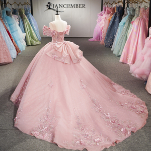 Robe de bal Quinceañera élégante en mousseline rose poudré Dy1515 avec appliques florales 3D, perles scintillantes naturelles et décolleté en cœur - Product Image 5