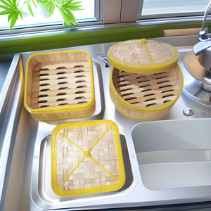 Cuisinière vapeur en bambou carrée avec bord en plastique 16,5 cm, écologique, pour dim sum et petit-déjeuner - Product Image 1
