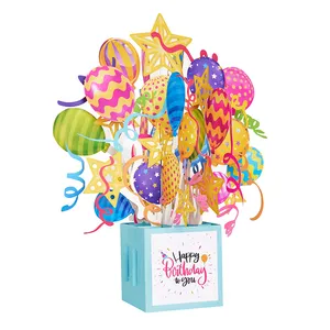 Atacado personalizado caixa de cartões de aniversário balões presente criativo 3d pop up cartões de saudação para feliz aniversário com lasercut