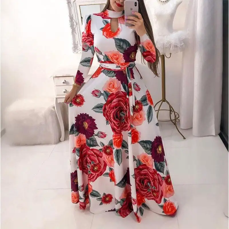 Haute qualité Sexy mode Maxi robe à manches longues dames femmes dames décontracté Floral longue maxi robe avec ceinture