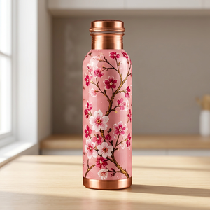 Bouteille d'eau en cuivre à motif floral de fleurs de cerisier roses avec couvercle en cuivre, gourde portable à motif floral - Product Image 1