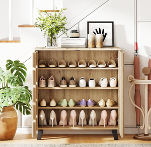 <span class=keywords><strong>Meuble</strong></span> à chaussures en bois à 4 niveaux avec porte à lattes et étagères amovibles – Armoire de rangement gain de place pour couloir - Product Image 3