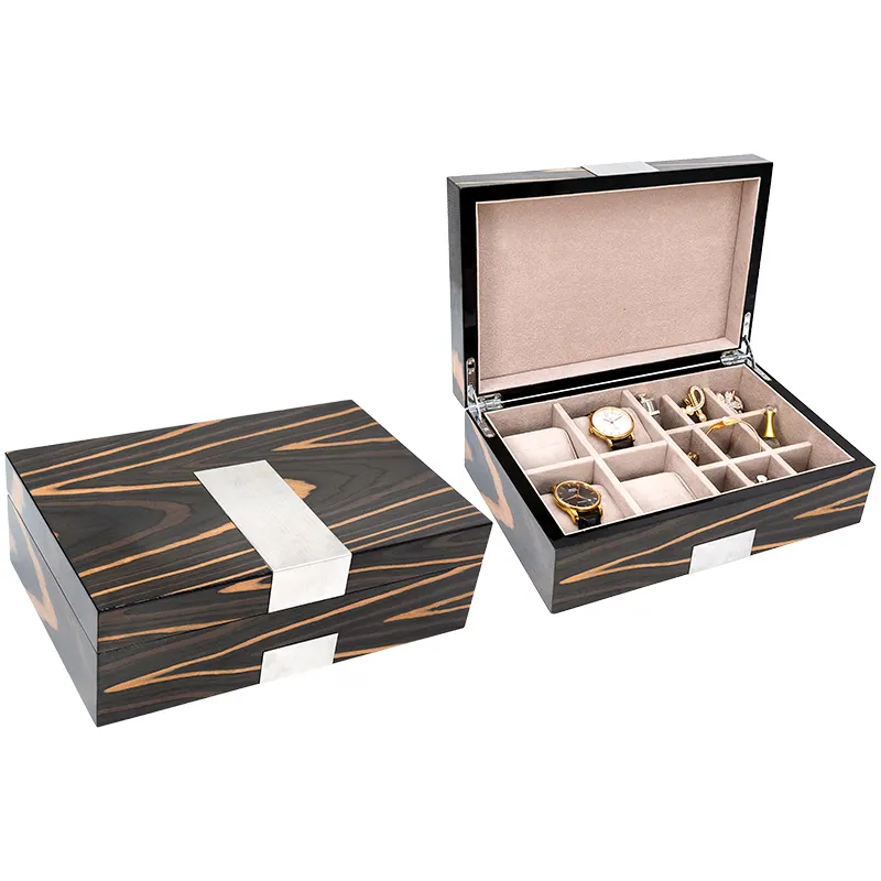 लक्जरी लकड़ी के बॉक्स के लिए उपहार के लिए चमकदार lacquered बॉक्स धातु लोगो के साथ भाग उपहार भंडारण