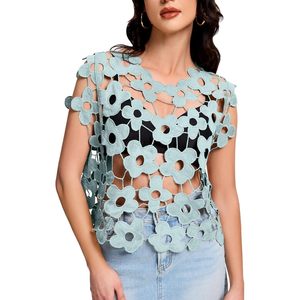 FOXA Hollow Out Floral Lace Crop Top Women Sleeveless Breathable Knit Vest Coverup Y2K Style Short Length - Product Image 1