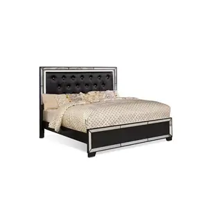 Crystal Tufted Queen Bed LED Mirrored Inlays Wood frame Velvet fabric Black color bed set for Bedroom Hotel
