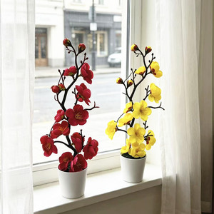 Bonsaï artificiel de fleurs de prunier, 28 cm de haut, simulation réaliste, décoration d'hiver, décoration chinoise pour la maison et le bureau, pot rond, fleur artificielle - Product Image 2