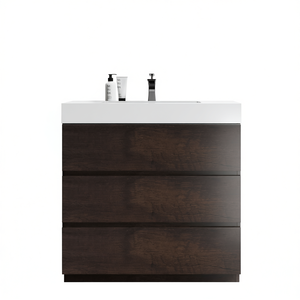Modern Bathroom Vanity 36 Inch Walnut Finish White One Piece Sink Basin Freestanding Design Large Storage - Product Image 1