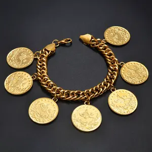 Bracciale con moneta turca placcato oro per donna uomo turchia Round Ancient Coins Bangle Turk Jewelry #122601