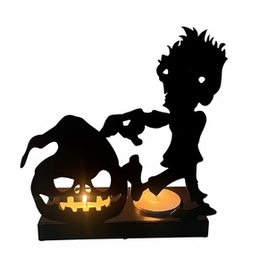 Halloween <b>Tea</b> <b>Light</b> <b>Candle</b> Holder Black Iron Metal Zombie Pumpkin Silhouette Halloween Home Decorations - Product Image 1