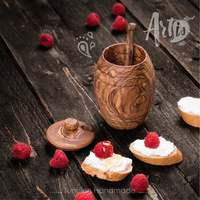 Pot à miel en bois d'olivier antique ArtisRaw avec cuillère sculptée à la main (Origine tunisienne) - Thème vintage, cadeau pour la fête des mères