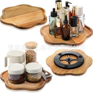 Home kitchen wooden rotating seasoning <b>storage</b> <b>tray</b>, multi-purpose solid wood round bottled skin care product <b>storage</b> <b>tray</b> - Product Image 3