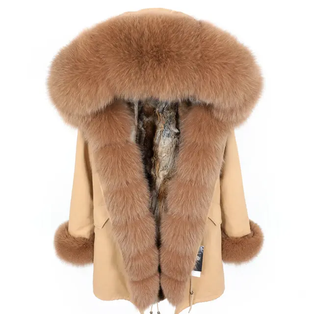 Drop Ship Maomaokong Real fur jacket Oversize fox fur at hood front placket cuffs coat Natural rabbit fur lined long parka