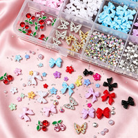 Kit de 24 grilles de décorations pour ongles en résine : nœuds, fleurs, papillons, perles, strass, nœuds papillon mignons et cerises